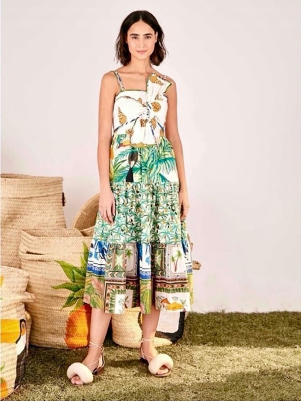 FARM RIO TROPICAL TOUCAN MIDI SLEEVELESS DRESS SMALL SIZE